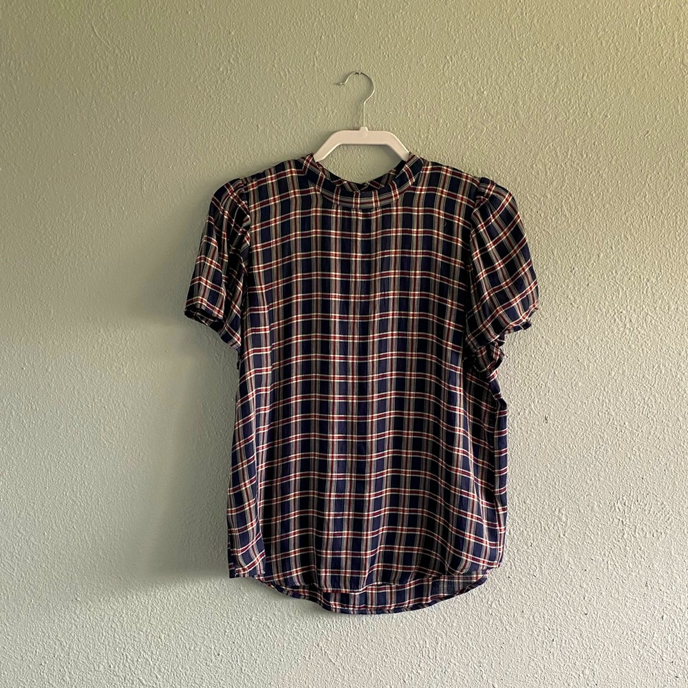 Loft Plaid Mock Neck Blouse Size Small